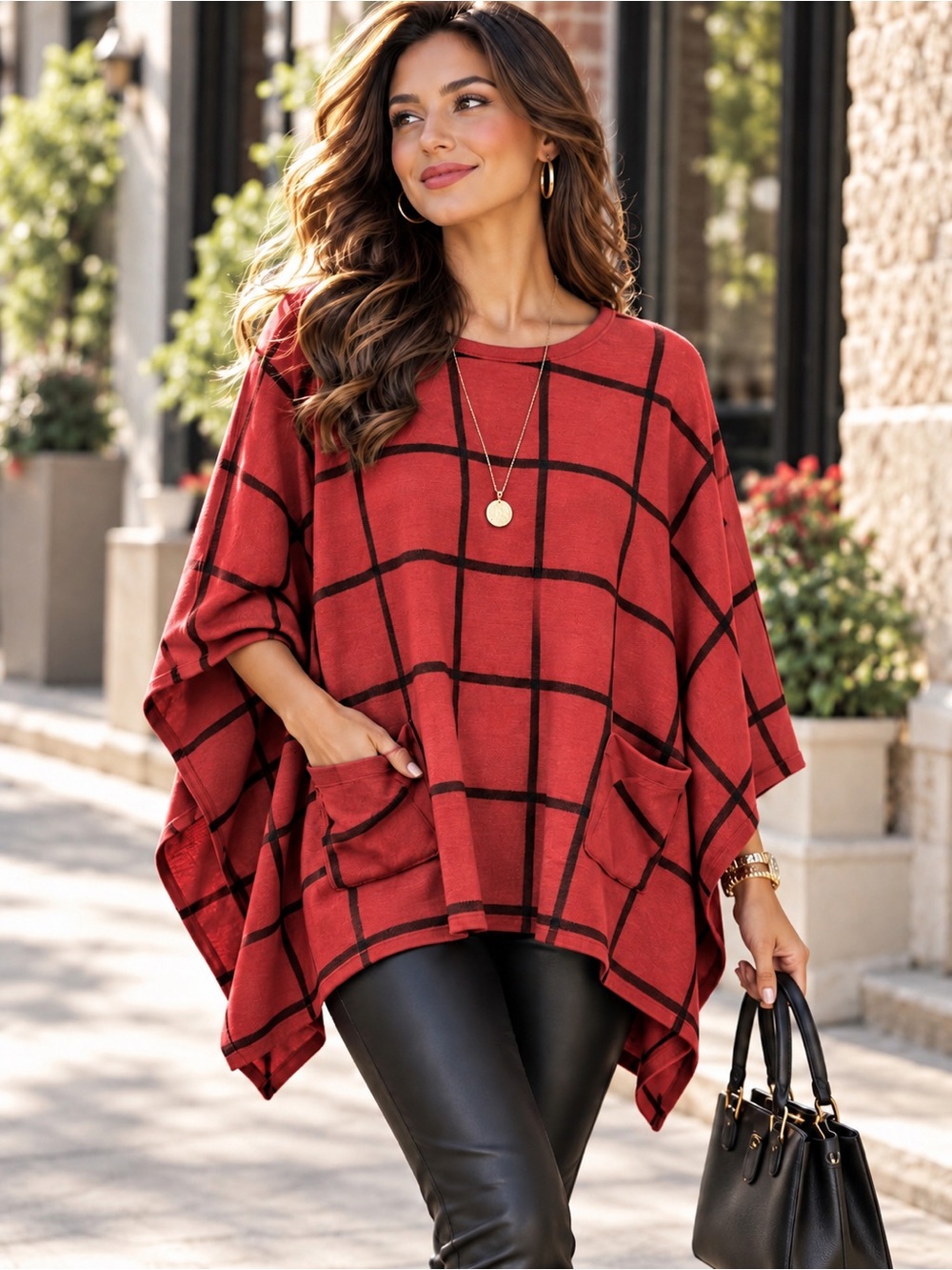 entro Red Windowpane Poncho with Black Grid